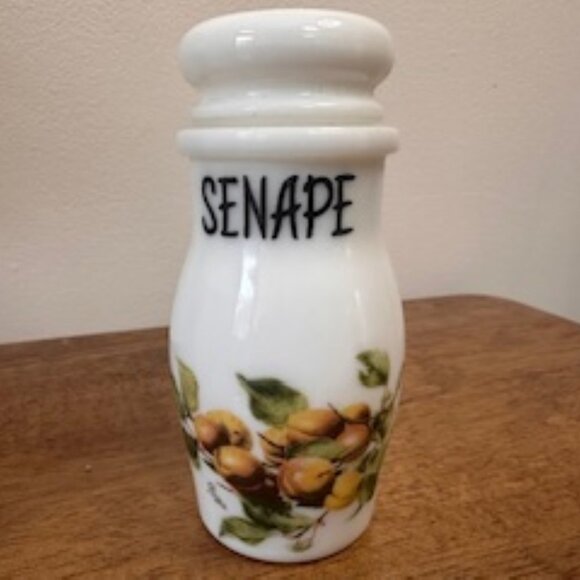 Vintage Italian Milk Glass Spice Jars Cannella Pepe Senape Fruit Opalex Style - Picture 6 of 8